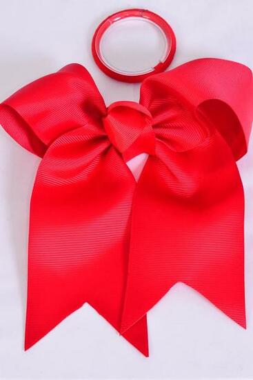 Hair Bow Extra Jumbo Long Tail Cheer Type Bow  Red Elastic Grosgrain Bow-tie / 12 pcs Bow = Dozen Red , Elastic , Size - 6.5" x 6" Wide , Clip Strip & UPC Code