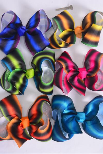 Hair Bow Jumbo Fall Gradient Stripe Pattern Mix Grosgrain Bow-tie Multi / 12 pcs Bow = Dozen Alligator Clip , Size - 6" x 5" Wide , 2 of each Pattern Asst , Clip Strip & UPC Code