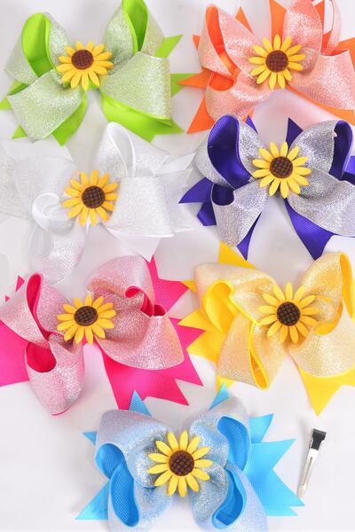 Hair Bow Jumbo Double Layered Metallic Happy Sunflower Citrus Grosgrain Bow-tie / 12 pcs Bow = Dozen  Alligator Clip , Size - 6" x 5" Wide , 2 White , 2 Fuchsia , 2 Purple , 2 Yellow , 2 Blue , 1 Lime , 1 Orange Color Asst , Clip Strip UPC Code