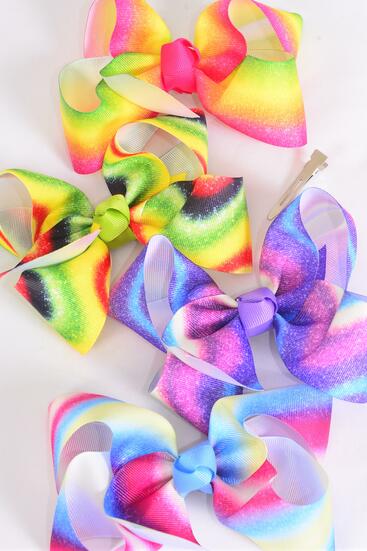 Hair Bow Jumbo Gradient Tiedye Grosgrain Bow-tie / 12 pcs Bow = Dozen  Alligator Clip , Size - 6" x 5" Wide , 3 Of Each Pattern Asst , Clip Strip and UPC Code