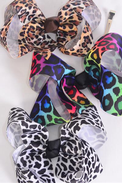 Hair Bow Jumbo Tiedye Leopard Animal Pattern Mix Grosgrain Bow-tie / 12 pcs Bow = Dozen Leopard Mix , Alligator Clip , Size - 6" x 5" Wide , 4 of each Pattern , Clip Strip & UPC Code