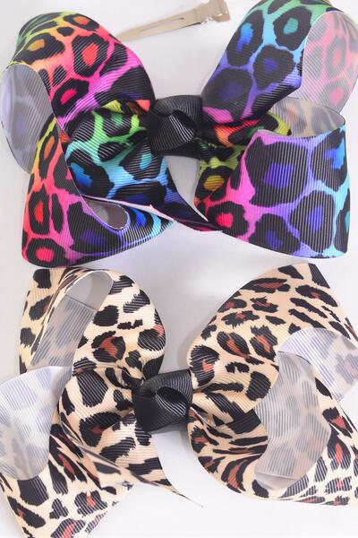 Hair Bow Jumbo Leopard Mix Grosgrain Bow-tie / 12 pcs Bow = Dozen  Alligator Clip , Size - 6" x 5" Wide , 6 of each Pattern Mix , Clip Strip & UPC Code