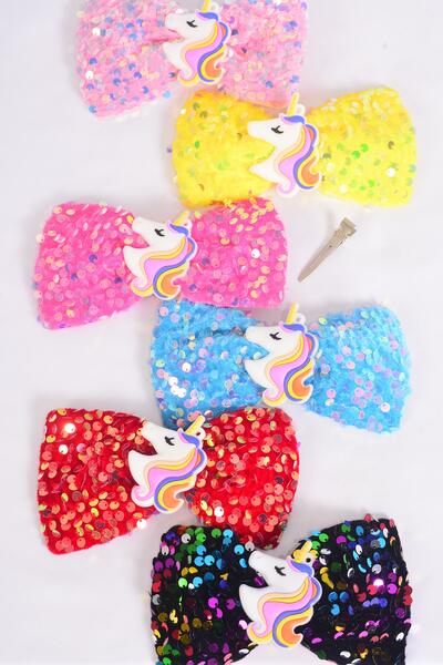 Hair Bow Flip Sequin Iridescent Center Unicorn Charm Multi / 12 pcs Bow = Dozen Multi , Alligator Clip , Size - 6" x 4" Wide , 2 Of each Pattern Asst , Clip Strip & UPC Code