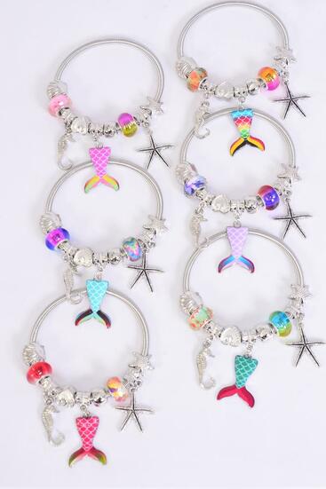 Bracelet Charm Bracelet Mermaid Tail Enamel Sea Creatures Charms / 12 pcs = Dozen Match 25752 00073 Stretch , 2 Of Each Pattern Asst , Hang Tag & Opp Bag & UPC Code