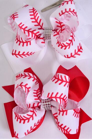 Hair Bow Jumbo Double Layered Baseball Grosgrain Bow-tie / 12 pcs Bow = Dozen Alligator Clip , Size - 6" x 5" Wide , 6 of each Pattern Asst , Clip Strip and UPC Code