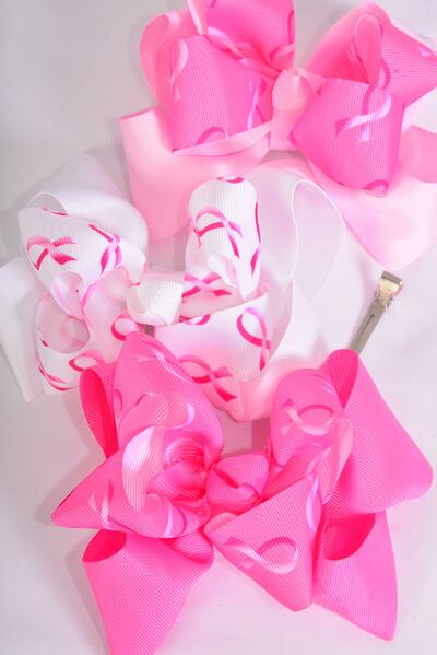 Hair Bow Jumbo Double Layered Pink Ribbon Grosgrain Bow-tie / 12 pcs Bow = Dozen Alligator Clip , Size - 6" x 5 Wide , 4 White , 4 Baby Pink , 4 Fuchsia Color Asst , Clip Strip & UPC Code