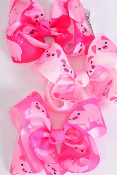 Hair Bow Jumbo Piggy Cute Farm Animal Grosgrain Bow-tie / 12 pca Bow = Dozen  Piggy , Alligator Clip , Bow - 6" x 5" Wide , 4 of each Pattern Asst , Clip Strip & UPC Code