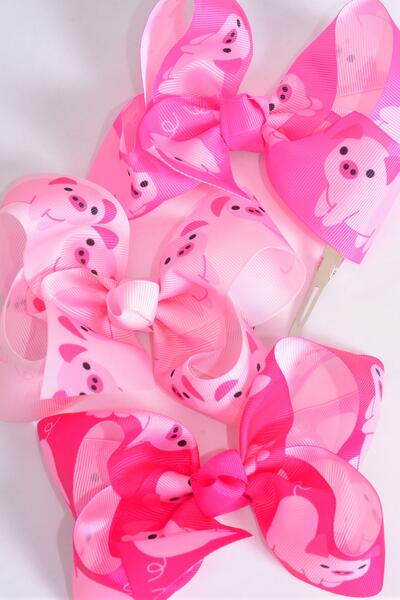 Hair Bow Jumbo Piggy Cute Farm Animal Grosgrain Bow-tie / 12 pca Bow = Dozen  Piggy , Alligator Clip , Bow - 6" x 5" Wide , 4 of each Pattern Asst , Clip Strip & UPC Code