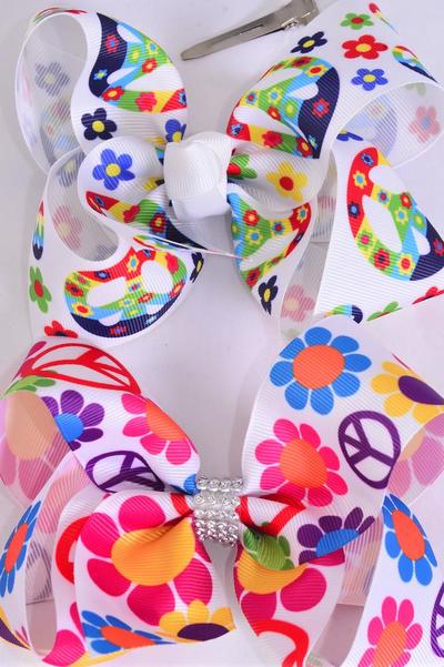 Hair Bow Jumbo Flower Power Peace Sign Mix Grosgrain Bow-tie / 12 pcs Bow = Dozen Alligator Clip , Size - 6" x 5" Wide , 6 Of each Pattern Asst , Clip Strip & UPC Code