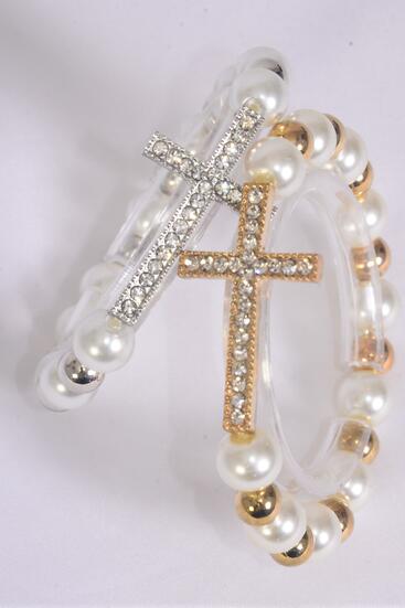 Bracelet Sideways Cross Rhinestone 10 mm Glass Pearl 8 mm CCB Mic Stretch / 12 pcs = Dozen  Stretch , Cross Size - 1.5" x 1" Wide , 6 Gold , 6 Silver Mix , Hang Tag & OPP bag & UPC Code