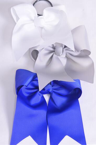 Hair Bow Extra Jumbo Long Tail Cheer Type Bow Gray White Royal Blue Mix Elastic Grosgrain Bow-tie / 12 pcs Bow = Dozen Elastic Pony , Size - 6.5" x 6" Wide , 4 Gray , 4 White , 4 Royal Blue Color Asst , Clip Strip and UPC Code 