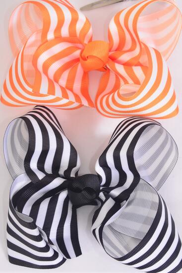 Hair Bow Jumbo Stripe Black Orange Mix Grosgrain Bow-tie / 12 pcs Bow = Dozen Stripe , Alligator Clip , Bow - 6" x 5" Wide , 6 Black , 6 Orange Color Asst , Clip Strip & UPC Code