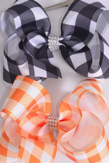 Hair Bow Jumbo Plaid Black Orange Mix Grosgrain Bow-tie  / 12 pcs Bow = Dozen Alligator Clip , Bow - 6" x 5" Wide ,  6 Black , 6 Orange Color Asst , Clip Strip & UPC Code