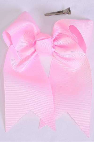 Hair Bow Extra Jumbo Long Tail Cheer Type Bow Baby Pink Grosgrain Bow-tie / 12 pcs Bow = Dozen Baby Pink , Alligator Clip , Size - 6.5" x 6" Wide , Clip Strip & UPC Code