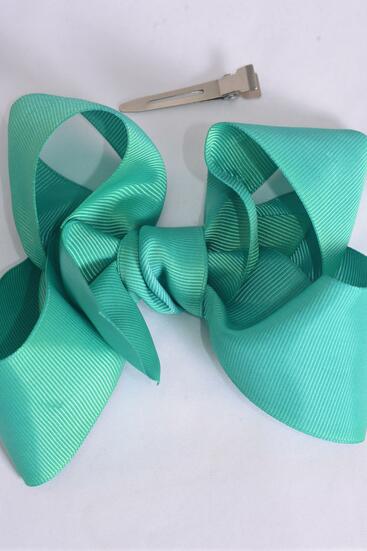 Hair Bow Jumbo Caribbean Green Grosgrain Bow-tie / 12 pcs Bow = Dozen Caribbean Green , Alligator Clip , Size - 6" x 5" Wide , Clip Strip & UPC Code