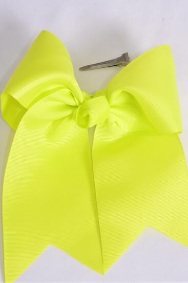 Hair Bow Extra Jumbo Long Tail Cheer Type Bow Neon Yellow Grosgrain Bow-tie / 12 pcs Bow = Dozen  Neon Yellow , Alligator Clip , Size - 6.5" x 6" Wide , Clip Strip & UPC Code