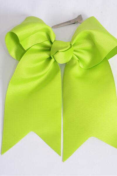 Hair Bow Extra Jumbo Long Tail Cheer Type Bow Lime Green Grosgrain Bow-tie / 12 pcs Bow = Dozen  Lime Green ,  Alligator Clip , Size - 6.5" x 6" Wide , Clip Strip & UPC Code