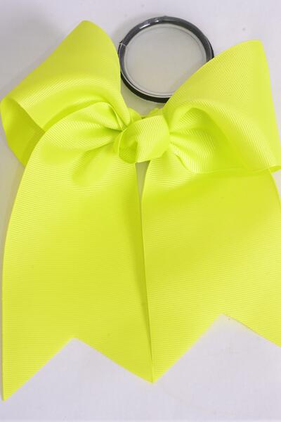 Hair Bow Extra Jumbo Long Tail Cheer Type Bow Neon Yellow Elastic Grosgrain Bow-tie / 12 pcs Bow = Dozen Neon Yellow , Elastic , Size - 6.5" x 6" Wide, Clip Strip & UPC Code