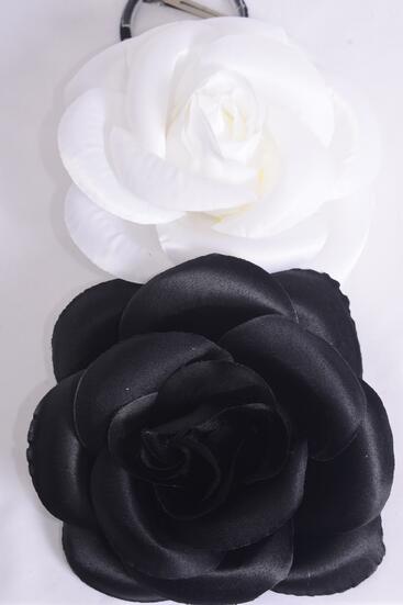 Flower Silk Flower Tea-Rose Jumbo Black White Mix / 12 pcs Flower = Dozen Size - 6" Wide , Alligator Clip & Brooch & Elastic Pony , 6 Black , 6 White Asst , Hang Tag & UPC Code , W Clear Box