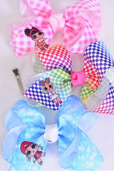 Hair Bow Jumbo Plaid LOL Doll Pattern Asst / 12 pcs Bow = Dozen Alligator Clip , Size - 6" x 5" Wide , 4 of each Pattern Asst , Clip Strip & UPC Code