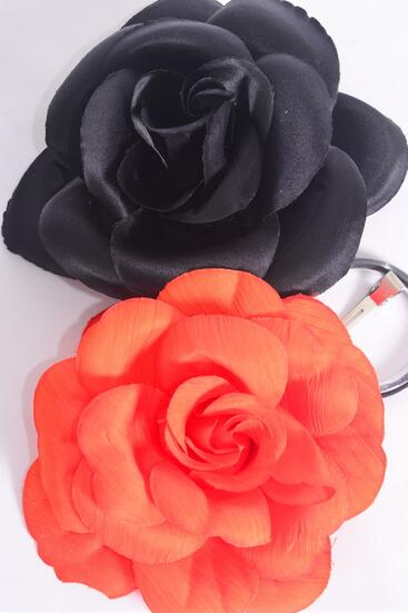 Flower Silk Flower Rose Jumbo Black Orange Mix / 12 pcs Flower = Dozen Size - 6" Wide , Alligator Clip & Brooch & Elastic Pony , 6 Black , 6 Orange Color Asst , Hang Tag & UPC Code , W Clear Box