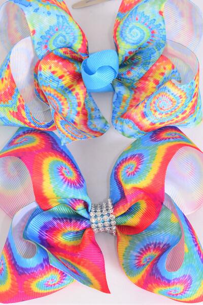 Hair Bow Jumbo Gradient Tiedye Grosgrain Bow-tie /  12 pcs Bow = Dozen Alligator Clip , Size - 6" x 5" Wide , 6 of each Pattern Asst , Clip Strip & UPC Code