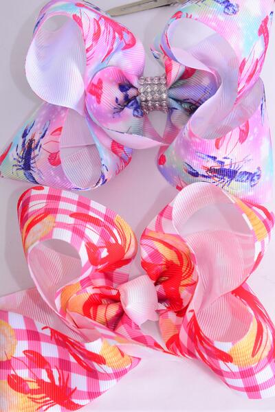 Hair Bow Jumbo Craw fish Lobster Plaid Tiedye Grosgrain Bow-tie / 12 pcs Bow = Dozen  Alligator Clip , Bow - 6" x 5" Wide , 6 Of each Pattern Asst , Clip Strip & UPC Code