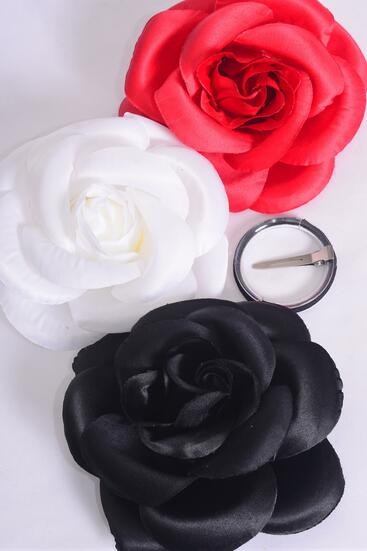 Flower Silk Flower Rose Jumbo Red White Black Mix / 12 pcs = Dozen Size - 6" Wide , Alligator Clip & Brooch & Elastic , 4 Red , 4 White , 4 Black Color Asst , Hang Tag & UPC Code , W Clear Box