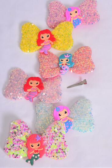 Hair Bow Sequin Iridescent Center Mermaid Charm / 12 pcs Bow = Dozen Mermaid , Alligator Clip , Size - 6" x 4" Wide , 2 Of each Pattern Asst , Clip Strip and UPC Code