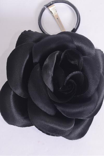 Flower Silk Flower Tea-Rose Jumbo Black / 12 pcs Flower = Dozen Black , Size - 6" Wide , Alligator Clip & Brooch & Elastic Pony , Hang Tag & UPC Code , W Clear Box