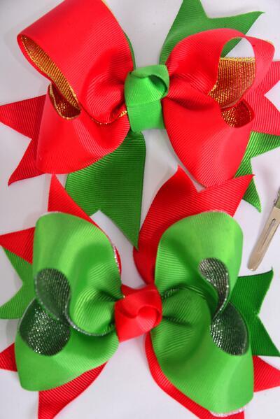 Hair Bow Jumbo Double Layered XMAS Metallic Grosgrain Bow-tie / 12 pcs Bow = Dozen Christmas , Alligator Clip , Size - 6" x 5" Wide, 6 of each Pattern Mix , Clip Strip & UPC Code