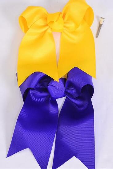 Hair Bow Extra Jumbo Long Tail Cheer Type Bow Purple Yellow Mix Grosgrain Bow-tie / 12 pcs Bow = Dozen Alligator Clip , Size - 6.5" x 6" Wide , 6 Purple , 6 Yellow Color Asst , Clip Strip and UPC Code