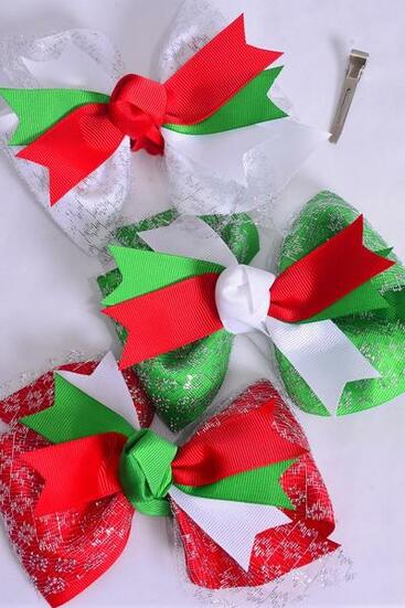 Hair Bow Jumbo Christmas Double Layered Metallic Silver Grosgrain Bow-tie Red White Green Mix / 12 pcs Bow = Dozen Alligator Clip , Size - 6" x 5" Wide , 4 Of Each Pattern Asst , Clip Strip & UPC Code