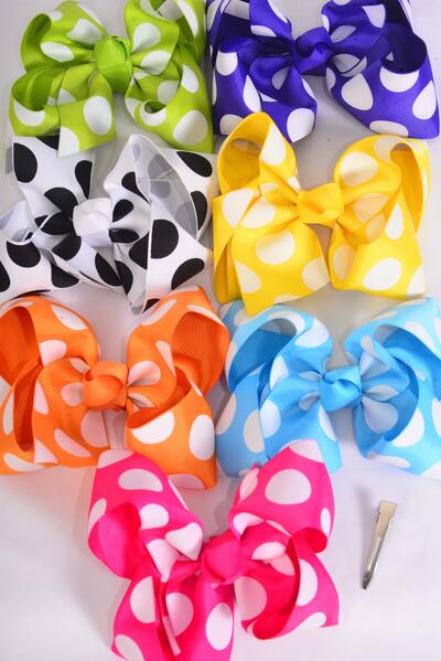 Hair Bow Jumbo Polka dots Citrus Grosgrain Bow-tie / 12 pcs Bow = Dozen Alligator Clip , Size - 6" x 5" Wide , 2 White , 2 Fuchsia , 2 Blue , 2 Yellow , 2 Purple , 1 Lime ,1 Orange Color Asst , Clip Strip & UPC Code