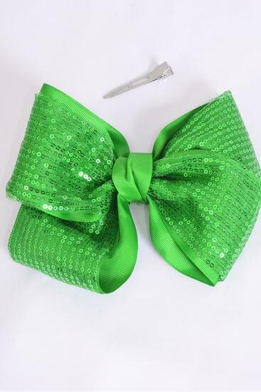 Hair Bow Extra Jumbo Cheer Type Bow Sequin Double Layered Grosgrain Bow-tie Green / 12 pcs Bow = Dozen Green Sequin , Alligator Clip , Size - 8" x 7" Wide , Clip Strip & UPC Code