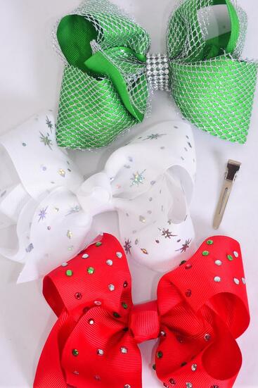 Hair Bow Jumbo XMAS Metallic Star Silver Mesh Studded Asst Grosgrain Bow-tie / 12 pcs Bow = Dozen Christmas , Alligator Clip , Size - 6" x 5" Wide , 4 Of Each Pattern Asst , Clip Strip & UPC Code