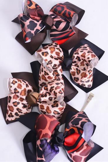 Hair Bow Jumbo Double Layered Leopard Mix Grosgrain Bow-tie / 12 pcs Bow = Dozen Alligator Clip , Size - 6" x 5" Wide , 3 of each Pattern Asst , Clip Strip & UPC Code