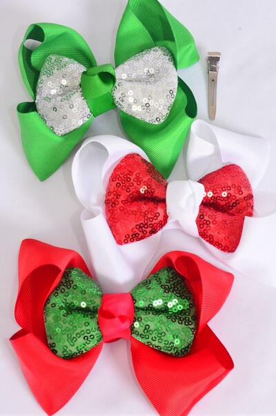 Hair Bow Jumbo Christmas Sequin Bow tie Red White Green Mix Grosgrain Bow-tie / 12 pcs Bow = Dozen  Alligator Clip , Size - 6" x 5" Wide , 4 of each Color Asst , Clip Strip & UPC Code