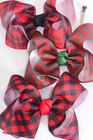 Hair Bow Jumbo Plaid Grosgrain Bow-tie / 12 pcs Bow = Dozen Alligator Clip , Size - 6" x 5" Wide , 4 Of each Pattern Asst , Clip Strip and UPC Code