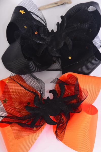 Hair Bow Jumbo Happy Halloween Double Layered Mesh Spider Grosgrain Bow-tie / 12 pcs Bow = Dozen  Alligator Clip , Size - 6" x 5" Wide , 6 of each Pattern Asst , Clip Strip & UPC Code