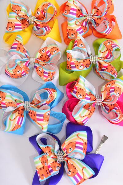 Hair Bow Jumbo Double Layered Cute  Tiger Cub Grosgrain Bow-tie Citrus / 12 pcs Bow = Dozen Alligator Clip , Size - 6" x 5" Wide , 2 White , 2 Fuchsia , 2 Purple , 2 Yellow , 2 Blue , 1 Lime , 1 Orange Color Asst , Clip Strip & UPC Code