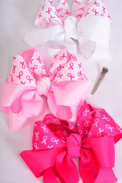 Hair Bow Jumbo Pink Ribbon Breast Cancer Awareness Grosgrain Bow-tie / 12 pcs Bow = Dozen Alligator Clip , Size - 6" x 5 Wide , 4 White , 4 Baby Pink , 4 Fuchsia Color Asst , Clip Strip & UPC Code