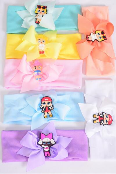 Headband Cotton Stretch LOL Doll Charm Grosgrain Bow-tie Pastel / 12 pcs = Dozen Stretch , Width - 2.5" Wide , Bow - 5" x 4" Wide , 2 White , 2 Pink , 2 Blue , 2 Purple , 2 Yellow , 1 Peach , 1 Mint Color Mix , Hang Tag & UPC Code