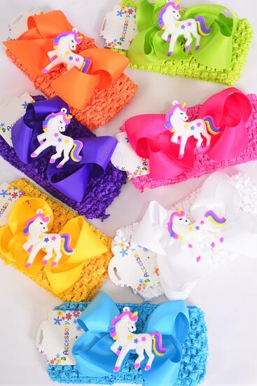 Ballerina Headband Unicorn Charm Grosgrain Bowtie Citrus / 12 pcs = Dozen Stretch , Ballerina-2.75" Bow - 5" x 5" , 2 Wh , 2 Fuchsia , 2 Purple , 2 Yellow , 2 Blue , 1 Lime , 1 Orange Mix , Hang Tag & OPP Bag & UPC Code