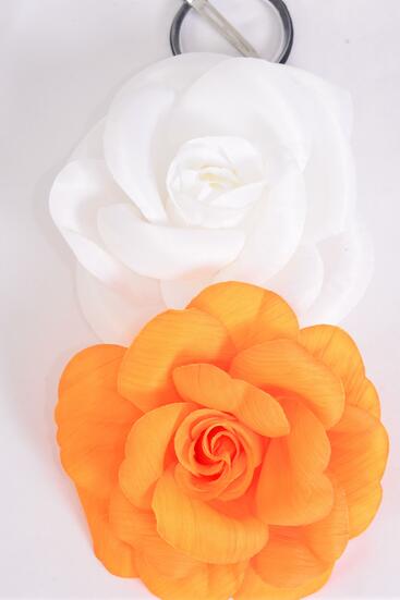 Flower Silk Flower Rose Jumbo Orange White Mix / 12 pcs Flower = Dozen Size - 6" Wide , Alligator Clip & Brooch & Elastic Pony , 6 Orange , 6 White Color Asst , Hang Tag & UPC Code , W Clear Box