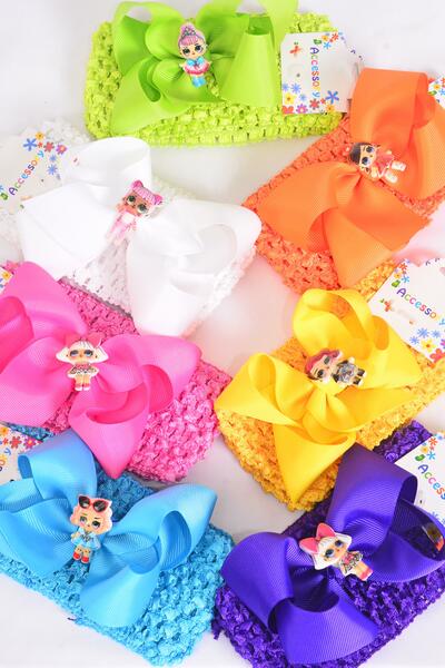 Ballerina Headband LOL Doll Charm Grosgrain Bow-tie Citrus / 12 pcs = Dozen Stretch , Ballerina - 2.75" , Bow - 5" x 4" , 2 Wh , 2 Fuchsia , 2 Purple , 2 Yellow , 2 Turquoise , 1 Lime, 1 Orange , Hang Tag & OPP Bag & UPC Code