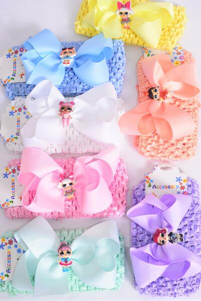 Ballerina Headband LOL Doll Charm Grosgrain Bow-tie Pastel / 12 pcs = Dozen  Stretch , Ballerina - 2.75" , Bow - 5" x 4" , 2 White , 2 Pink , 2 Blue , 2 Purple , 2 Yellow , 1 Peach , 1 Mint Mix , Hang Tag & OPP Bag UPC Code