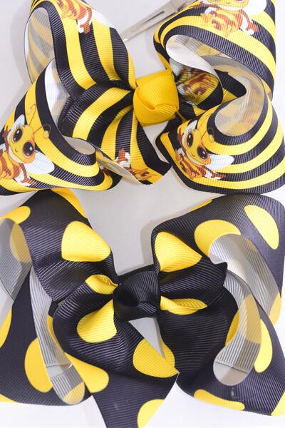 Hair Bow Jumbo Cute Honey Bee Polka dots Mix Grosgrain Bow-tie / 12 pcs Bow = Dozen Alligator Clip , Size - 6" x 5" Wide , 6 Of each Pattern Asst , Clip Strip & UPC Code