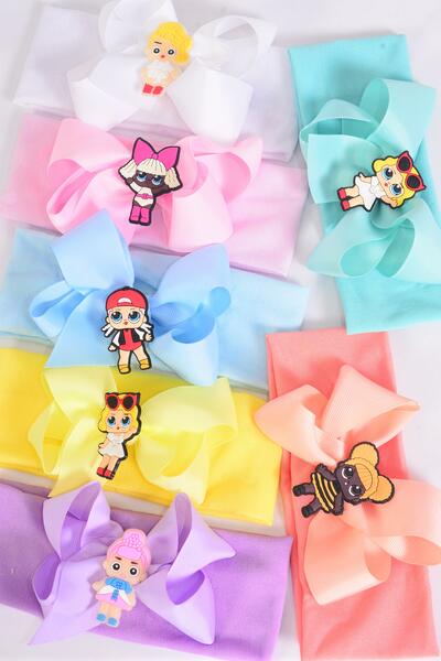 Headband Cotton Stretch LOL Doll Charm Grosgrain Bow-tie Pastel / 12 pcs = Dozen Stretch , Width - 2.5" Wide , Bow - 5" x 4" Wide , 2 White , 2 Pink , 2 Blue , 2 Purple , 2 Yellow , 1 Peach , 1 Mint Color Mix ,Hang Tag & UPC Code