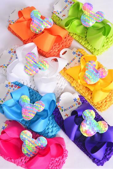 Ballerina Headband Mouse Ear Charm Grosgrain Bow-tie Citrus / 12 pcs = Dozen   Stretch , Ballerina - 2.75" , Bow - 5" x 4" , 2 White , 2 Fuchsia , 2 Purple , 2 Yellow , 2 Blue , 1 Lime , 1 Orange Mix